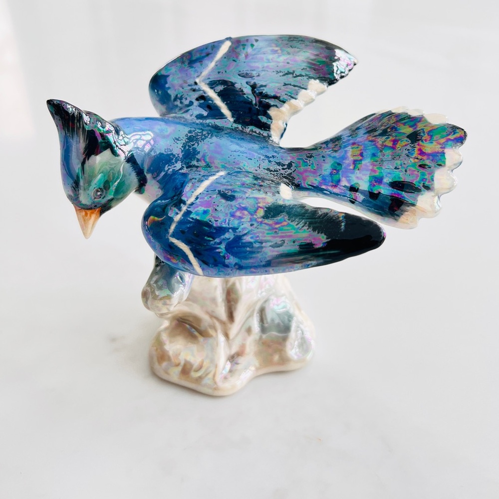 vintage iridescent Blue Jay lusterware bird figurine pearlized glaze ceramic